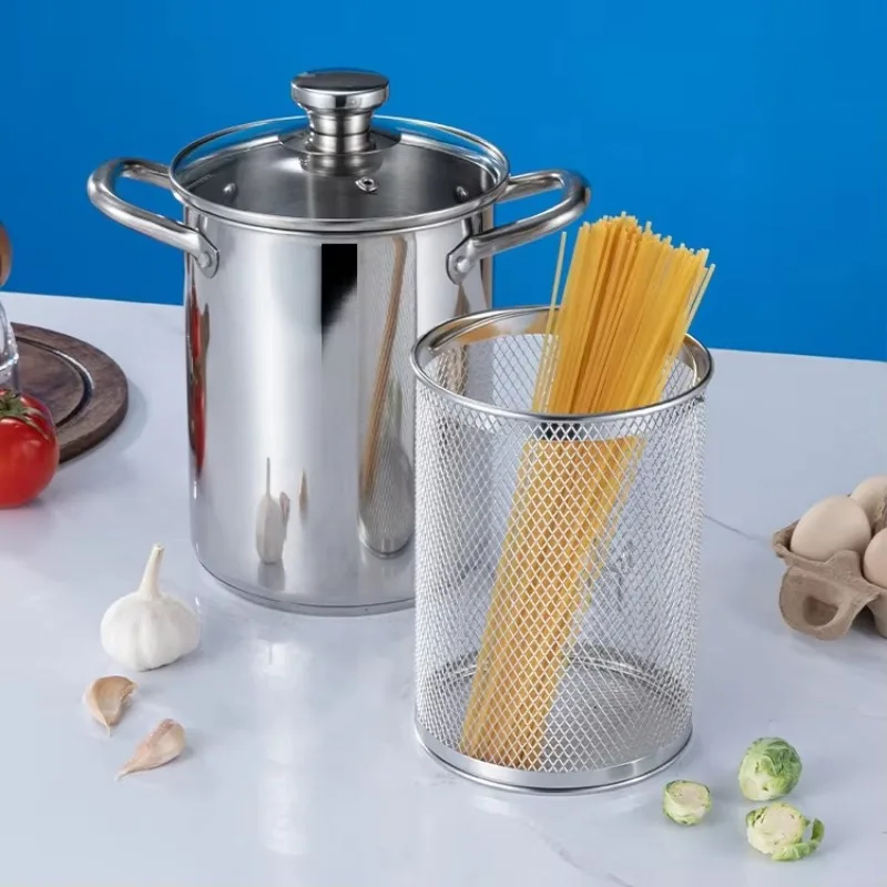 Sartén Profunda de Acero Inoxidable 304 con Fondo Compuesto y Canasta Metálica para Freír, Ideal para Cocinar Pasta, Espárragos, Sopas y Caldos en Casa