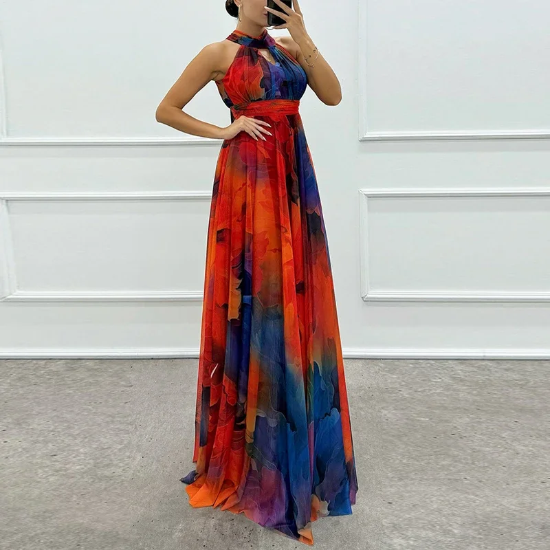 Vestido de fiesta plisado elegante de gasa con hombros descubiertos, vestido largo bohe con estampado de flores a la moda para mujer, vestidos largos acampanados para mujer