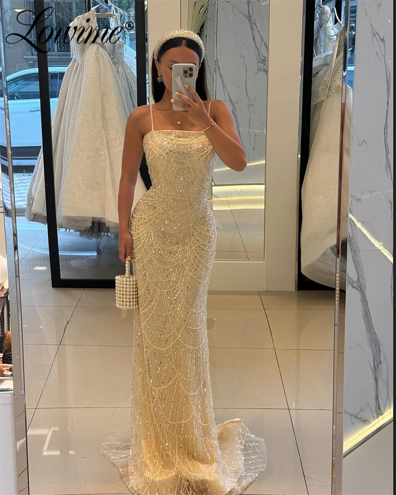 Lowime Haute Couture Muslim Evening Dress Formal Champagne Arabic Party Dress Wedding Cape Sleeve Mermaid Prom Celebrity Dresses