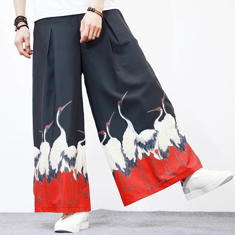 2023 Wide Leg Pants Mens Chinese Style Vintage Man Leisure Trousers Summer Harem Pants Male Hanfu Traditional Print Crane Pants