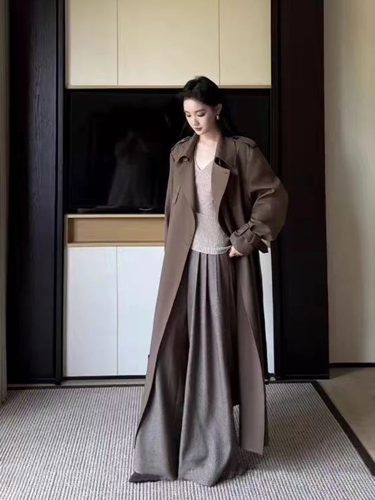 معاطف الخريف الكورية ميدي النساء Y2K موضة مزدوجة الصدر سترة فضفاضة Harajuku أنيقة هيبورن نمط كل مباراة ملابس خارجية طويلة