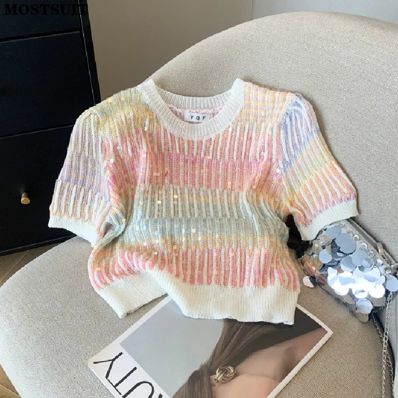 Summer Women\'s Sweater Sequins Striped Slim Knit Pullovers T-shirts Crop Tops Stylish Chic Fashion Short Sleeve O-neck Jumpers