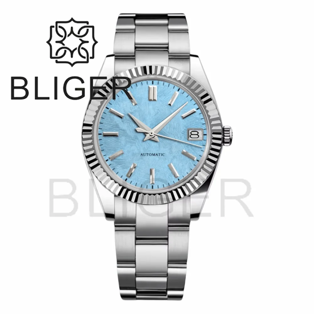 BLIGER 36mm39mm Custom logo Green Dial Watch Sakura Pink Ice Blue Texture Dial Sapphire Glass Waterproof NH35 Automatic Movement view 4