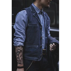 Striped Denim Vest Suit Men Autumn Winter New Vintage Amekaji Motorcycle Multi-pocket Lapel Waistcoat Outdoor Retro Hunting Vest