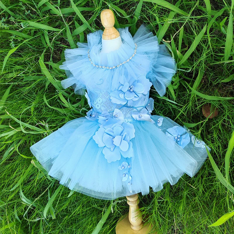 

Handmade Blue Flower Puppy Dog Clothing Luxury Flower Lace Bow Tail Party Dresses For Small Medium Dog Pet Clothes
