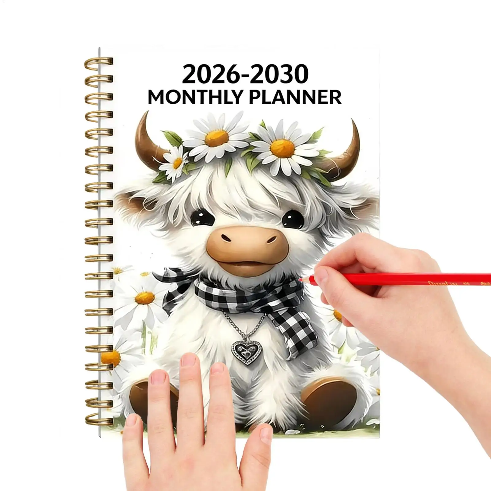 2026-2030 Monthly Planner Cute Writing Cow Monthly Calendar Notebook 5.5 x 8 inch Spiral Notebook For Student Home Office