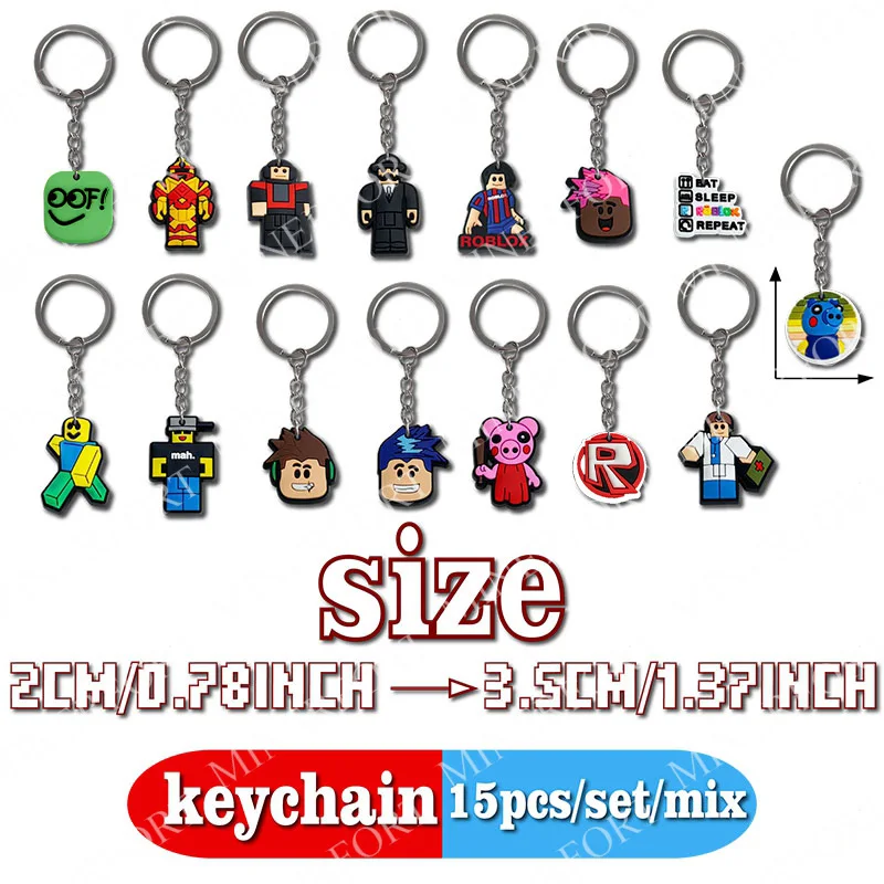 15 יחידות מחזיקי מפתחות בעיצוב Roblox עם דמויות קרטון רכות לתליית תיקים, תליונים וקישוטים למתנה יומית