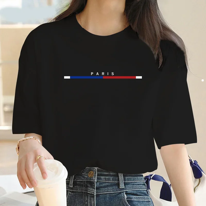 Red and blue stripes Paris Print Cartoon Women Fashion Clothes T Shirt Short Sleeve Summer Top Basic Tee Graphic T-shirt