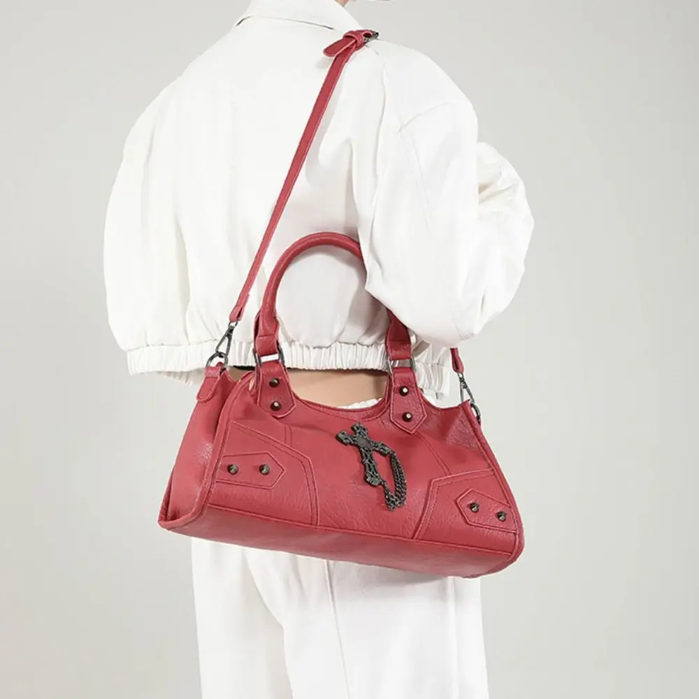 

PU Leather Gothic Cross Crossbody Bag Large Capacity Fashion Design Locomotive Style Underarm Bag Solid Color