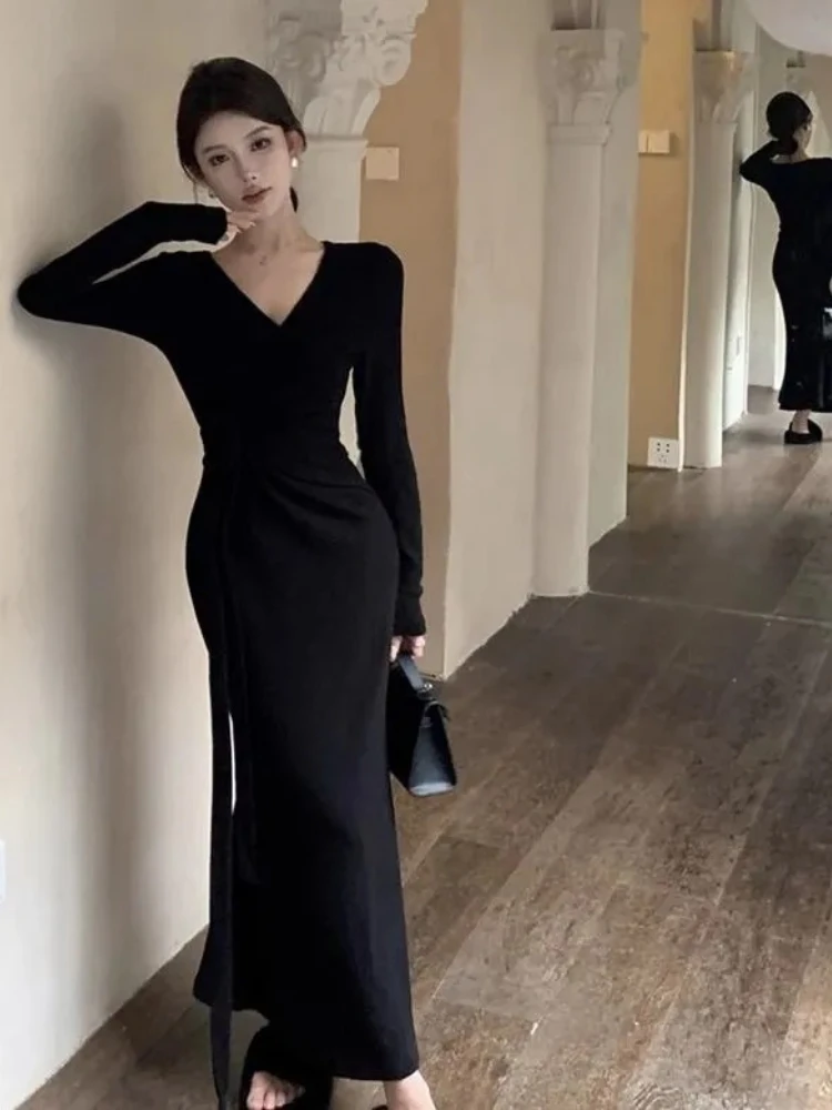 Robe longue en tricot, col en v croisé, manches longues, fente latérale, moulante, amincissante, Vintage, Boho, Chic, cravate à la taille, nouvelle collection automne hiver 2025