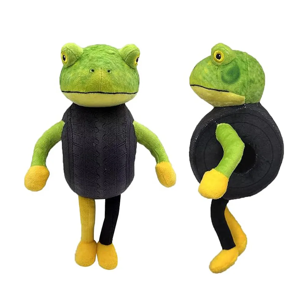 لعبة قطيفة على شكل ضفدع أصفر مع سترة بنمط إطارات، دمية حيوانات محشوة مبتكرة للأطفال وديكور المنزل، هدية قطيفة فريدة من نوعها