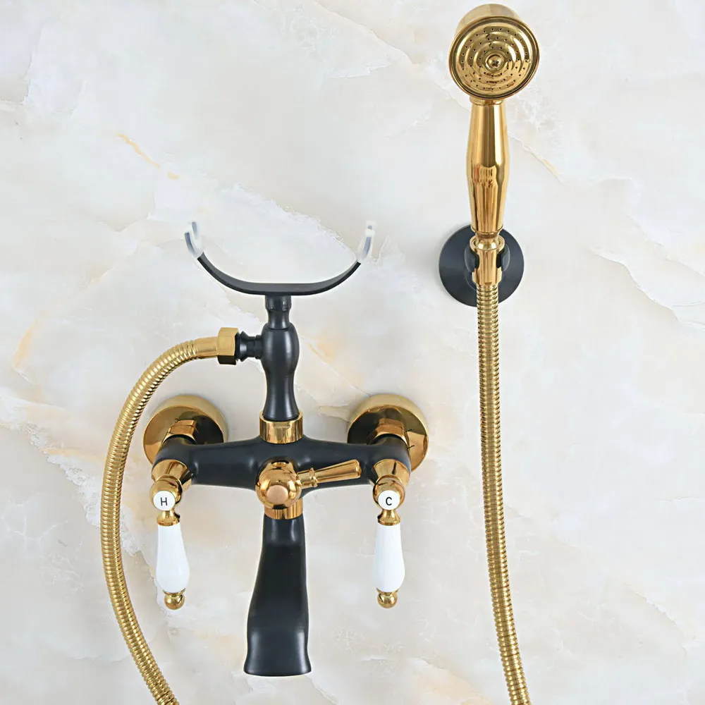 

Gold & Black Oil Rubbed Brass Wall Mounted Bathroom Bath Tub Faucet Set with 1500MM Hand Held Shower Spray Mixer Tap 2na566