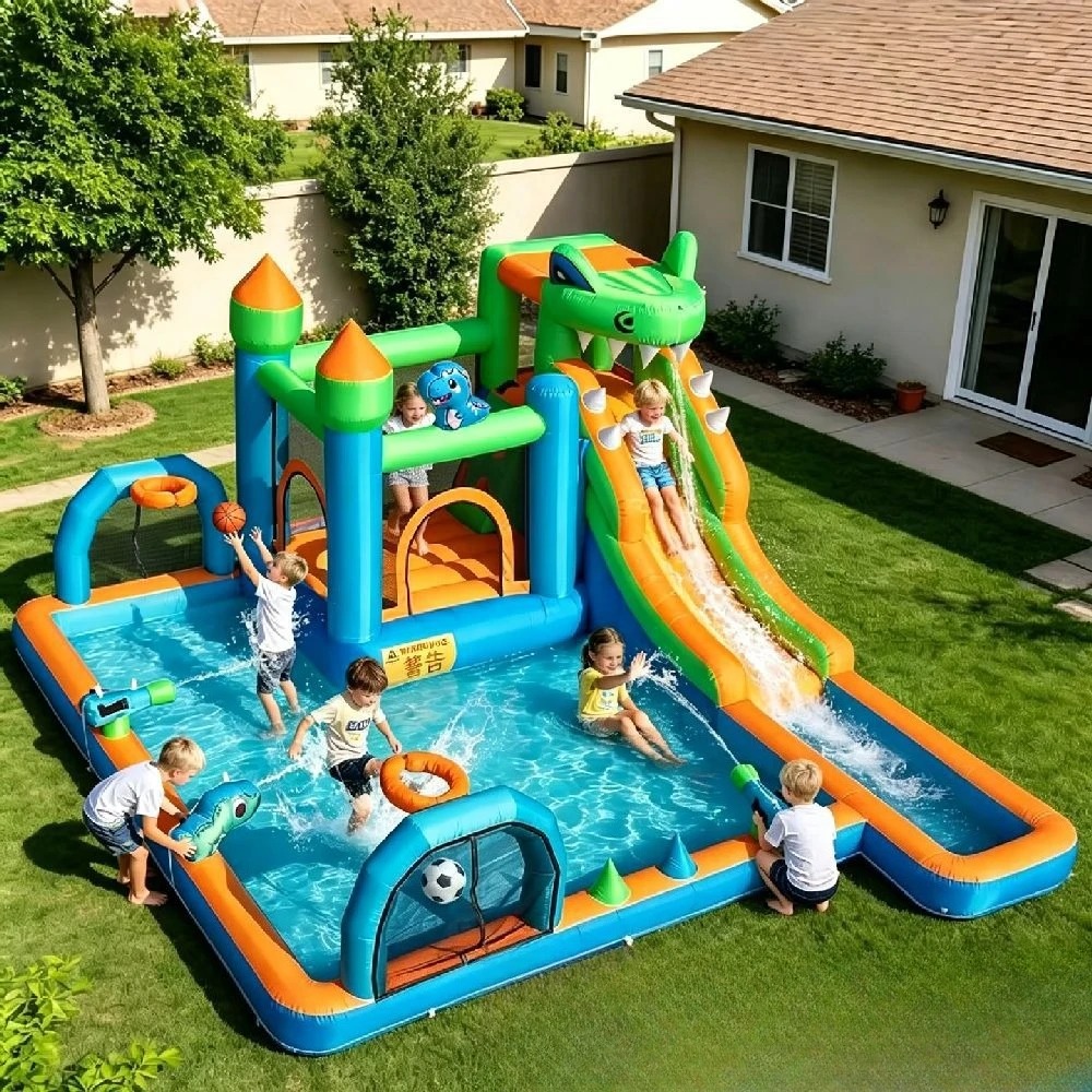 Dinosaur Soccer Bounce House Inflatable Jumping Castle with Water Slide for Kids Indoor Outdoor Backyard Play toys with blower