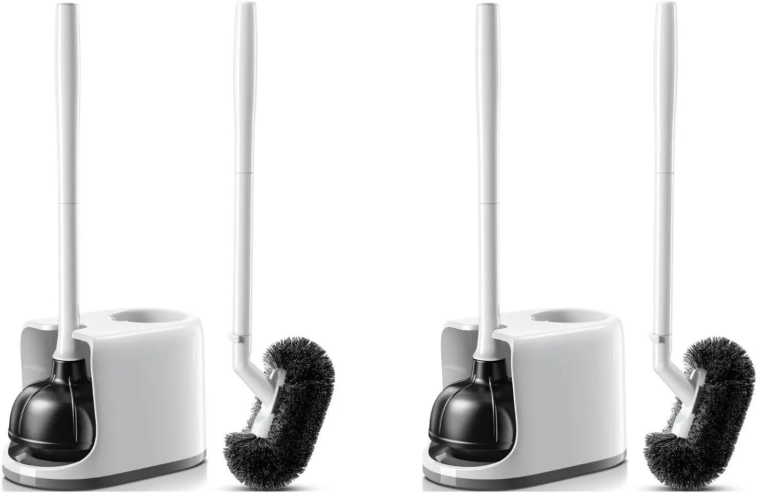 

Extended Handle Toilet Plunger and Brush Set with Caddy Stand for Small Bathroom Spaces - White, 2 Sets