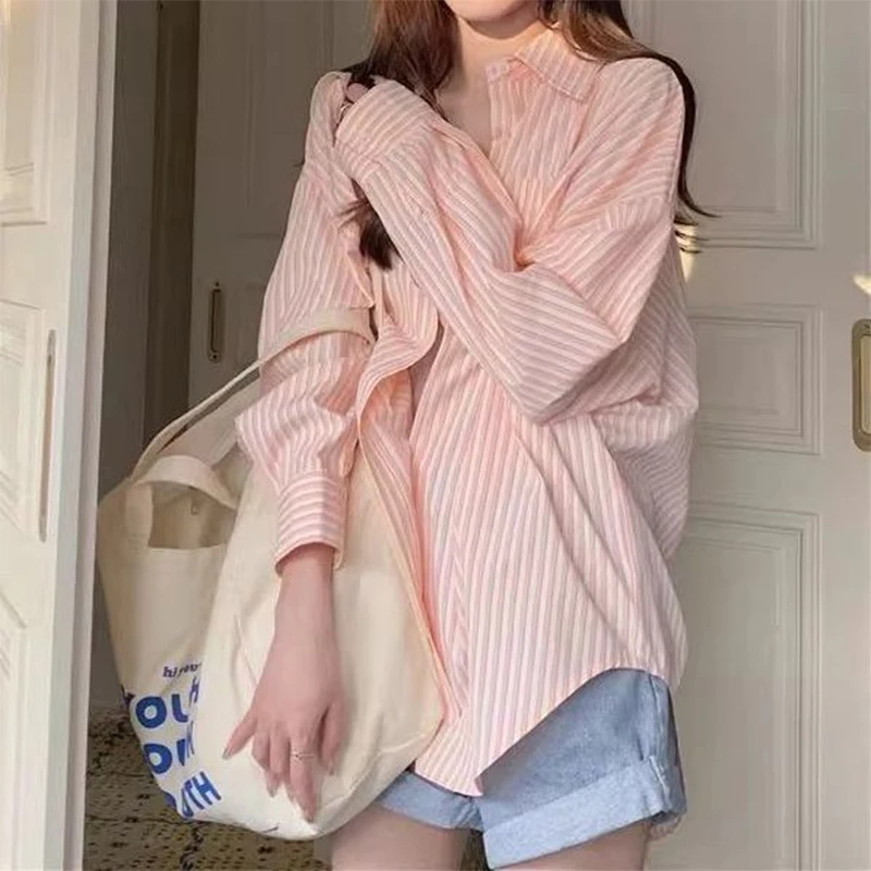 

Summer Casual Korean Fashion Loose Buttons Single Breasted Striped Long Sleeve Intellectual Generous Sven Formal Comfortable