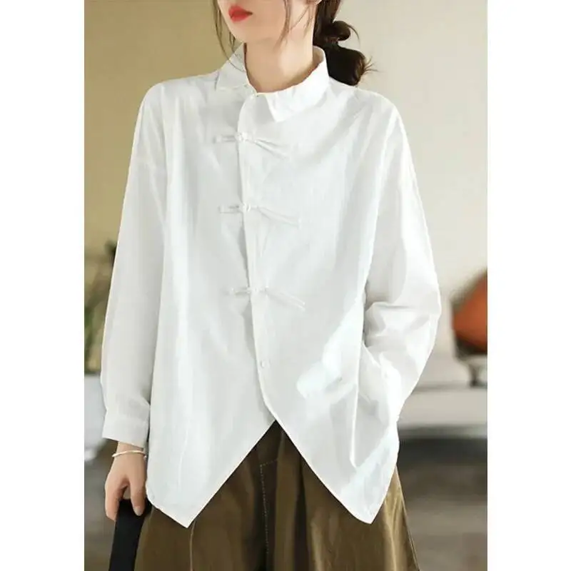 

Новая китайская рубашка на пуговицах для женщин, свободная повседневная рубашка с длинными рукавами и нерегулярным разрезом, чайная одежда, топ