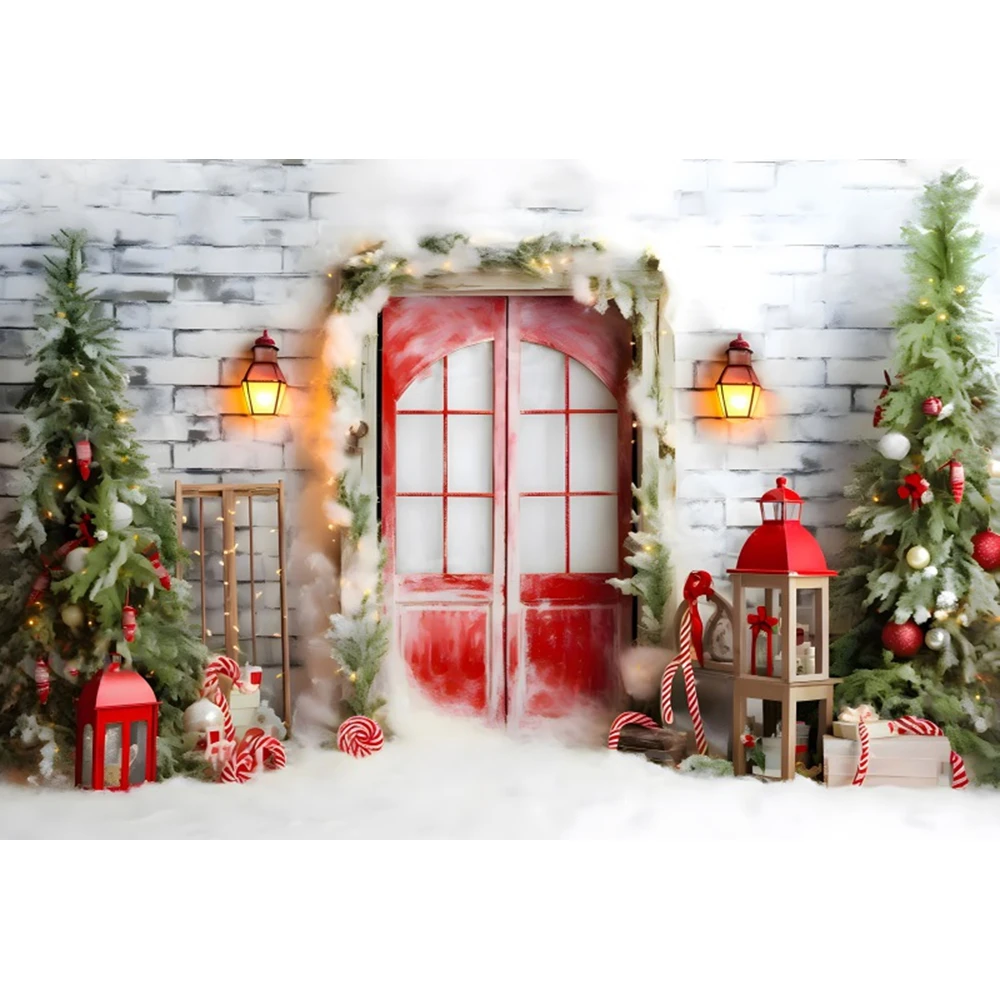 Christmas Wooden Door Backdrops For Photography Tree Gifts Candy Baby Family 2023 Xmas Party Decor Background Studio Shoots Prop