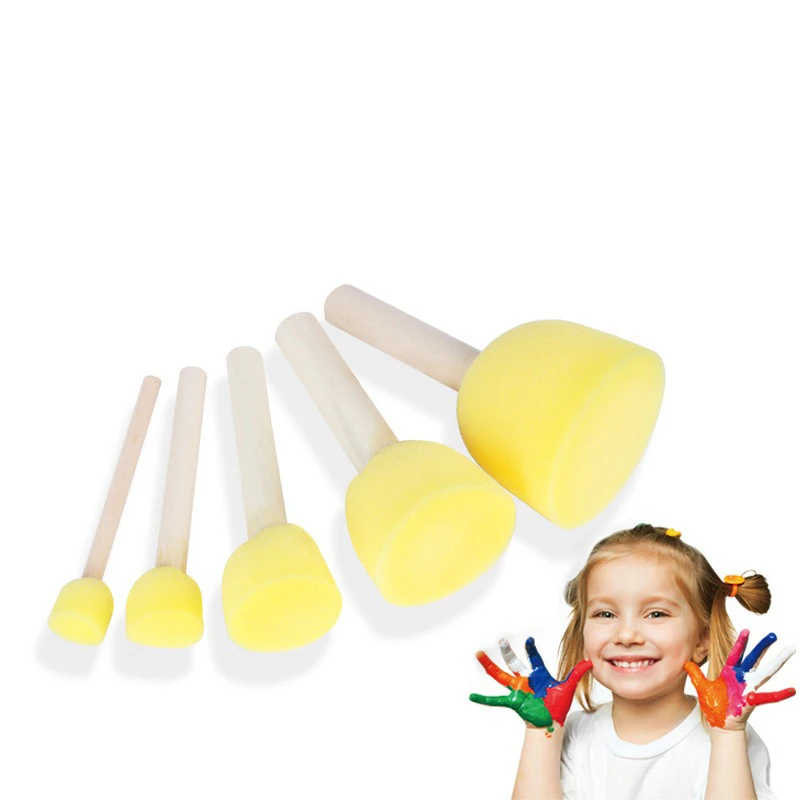 5 Pcs/Set Sponge Paint Brush For Kids Round Wooden Handle Toddler Sponge Stamp Brush Drawing Toys DIY Art Graffiti Creativity