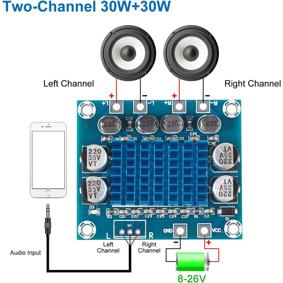 디지털 스테레오 오디오 파워 앰프 보드, TPA3110 XH-A232, 30W + 30W, 2.0 채널, DC 8-26V, 3A