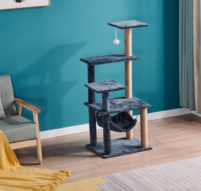 Pet Cat Product Tall Modern Wood Gray Floor To Ceiling Multi-level Cat Tower Wood Cat Tree