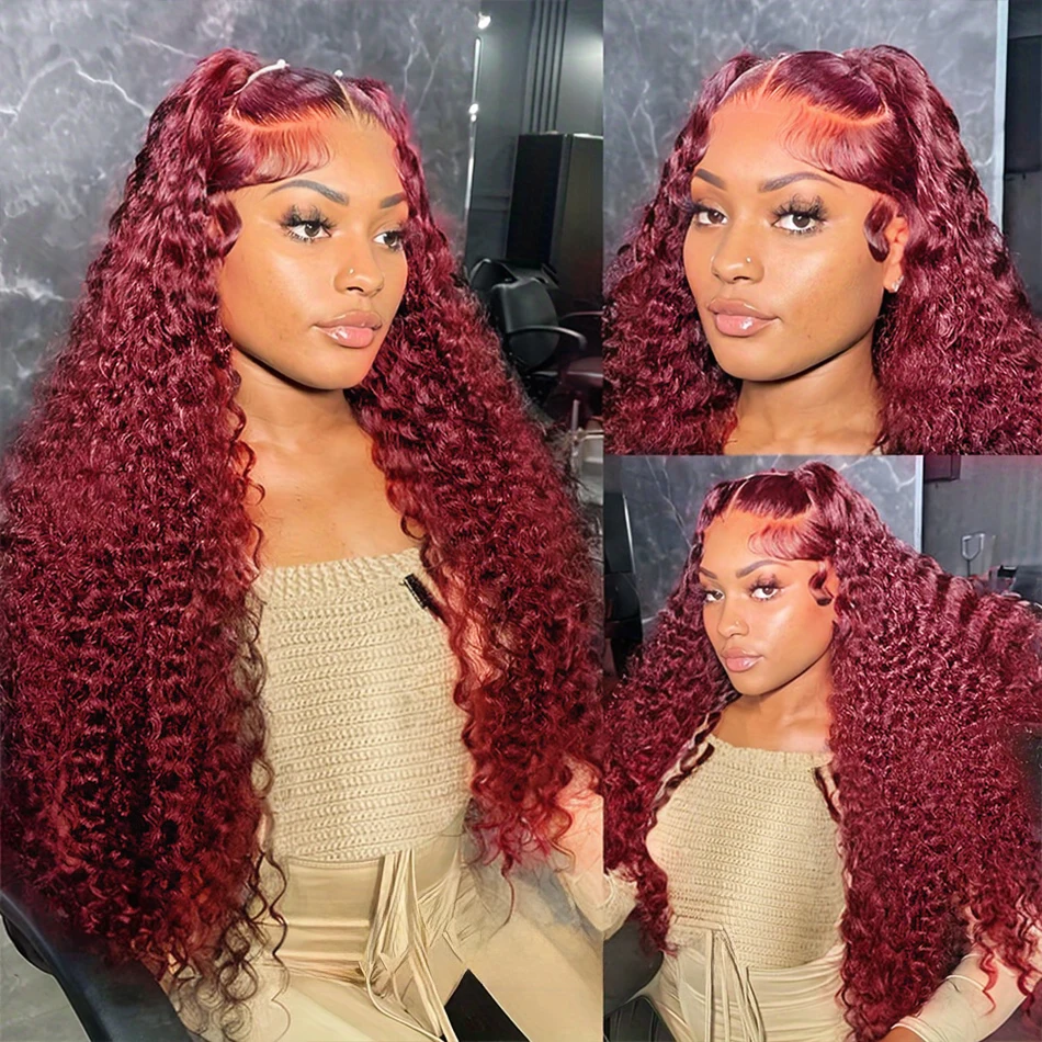 Perruque Lace Front Wig Deep Wave Naturelle Bouclée, Cheveux Humains, Bordeaux 99J, 13x4, 13x6, pour Femme Africaine