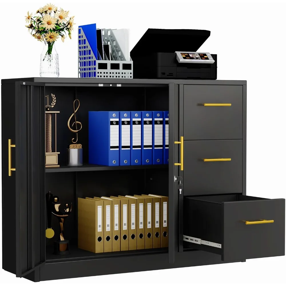 

Lateral File Cabinet with 3 Drawers, Metal Filing Storage Cabinet with Lockable, Multi-Functional Accent Cabinet for Office Home