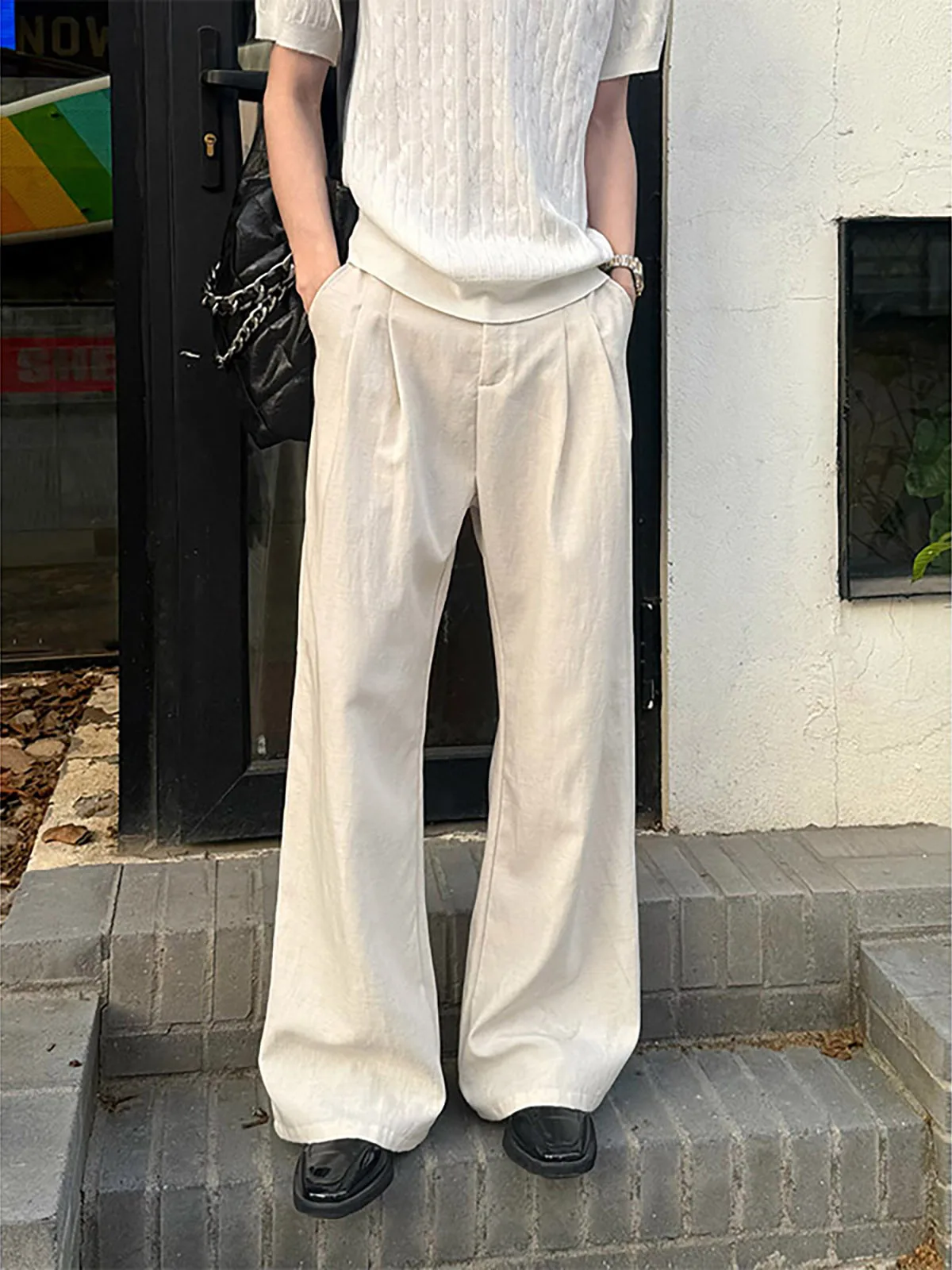 

Khaki Colored Men's Summer Casual Wide Leg Suit Pants Trousers Simulation Linen Feel Blade Design Comfortable Loose Fit