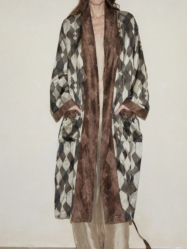 Geometric Pattern Print Tie Up Homewear Sleepwear Winter V Neck Long Sleeved Lady Cardigan Fashion High Street Pocket Loose Coat