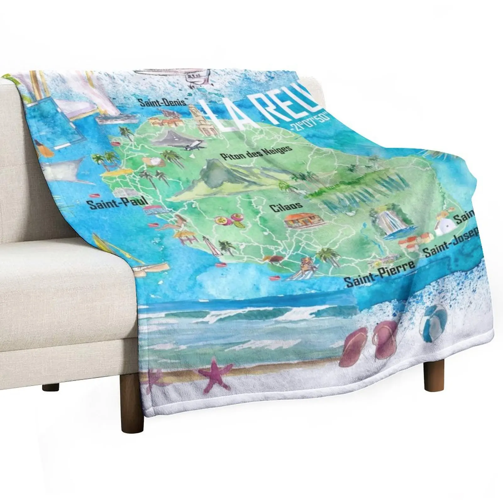 

La Reunion Illustrated Island Travel Map with Tourist Highlights Throw Blanket Loose Quilt Soft Big Blankets