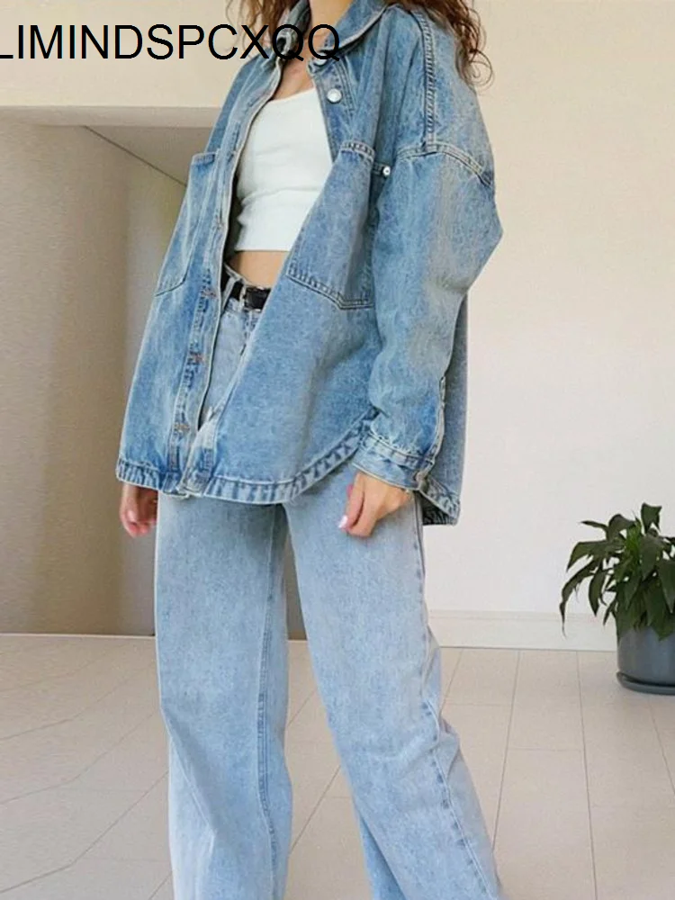 2023 Jean Jacket Female Clothes Loose Denim Coat Spring Women Solid Casual Shirt Jacket Blue Clothing Big Pocket