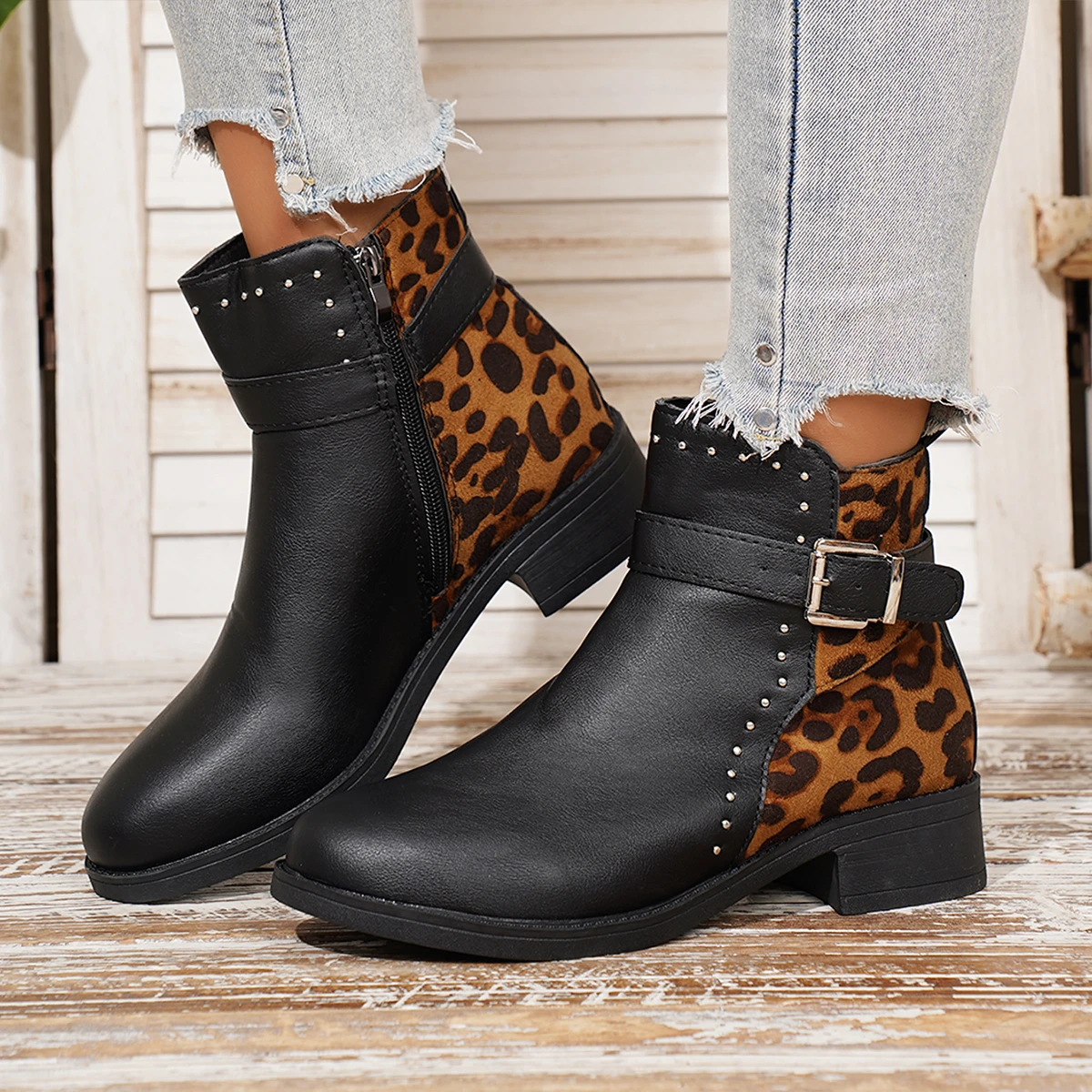 Fashion Buckle Platform Chelsea Boots Women Slip On Pu Leather Leopard Print Ankle Boots Woman Plus Size 36-43 Thick Sole Botas