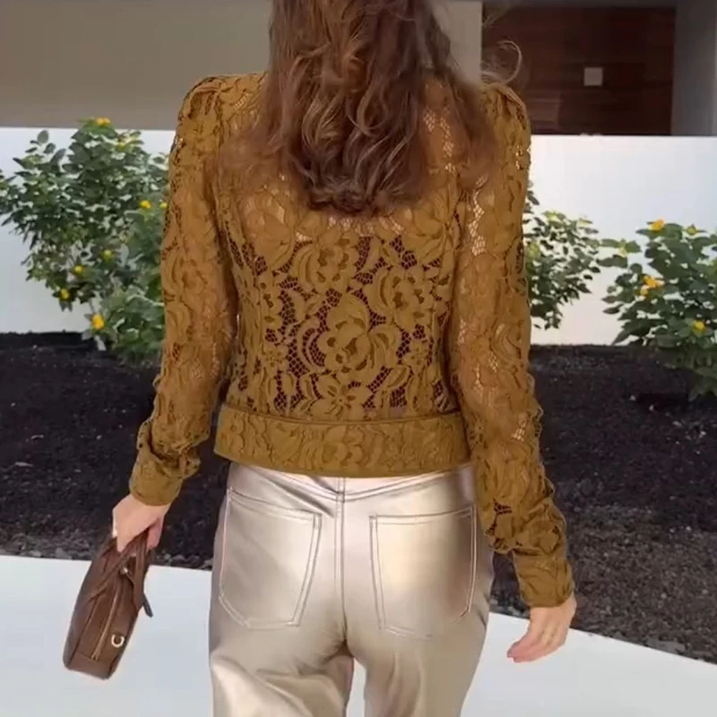 Spitze Bestickt Langarm frauen T-shirt Herbst Neue Langarm Pendler Top Tees Sexy Perspektive Nachtclub Party Blusen