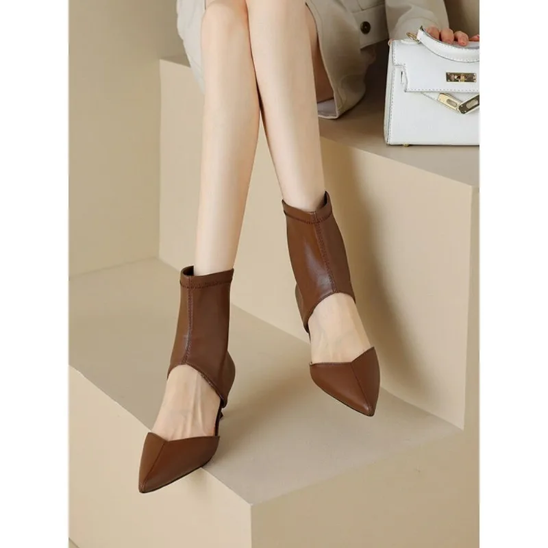 

Новые черные остроносые ботильоны с вырезами, на высоком каблуке, эластичные, женские, модные туфли-стилето, обувь для женщин