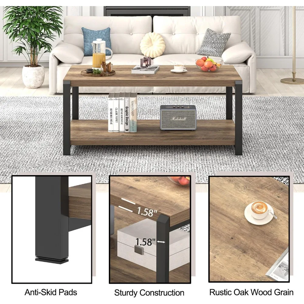 Rustic Industrial Style Coffee Table, Rectangular Wood and Metal Centerpiece for Living Room, Modern Cocktail Table with Storage