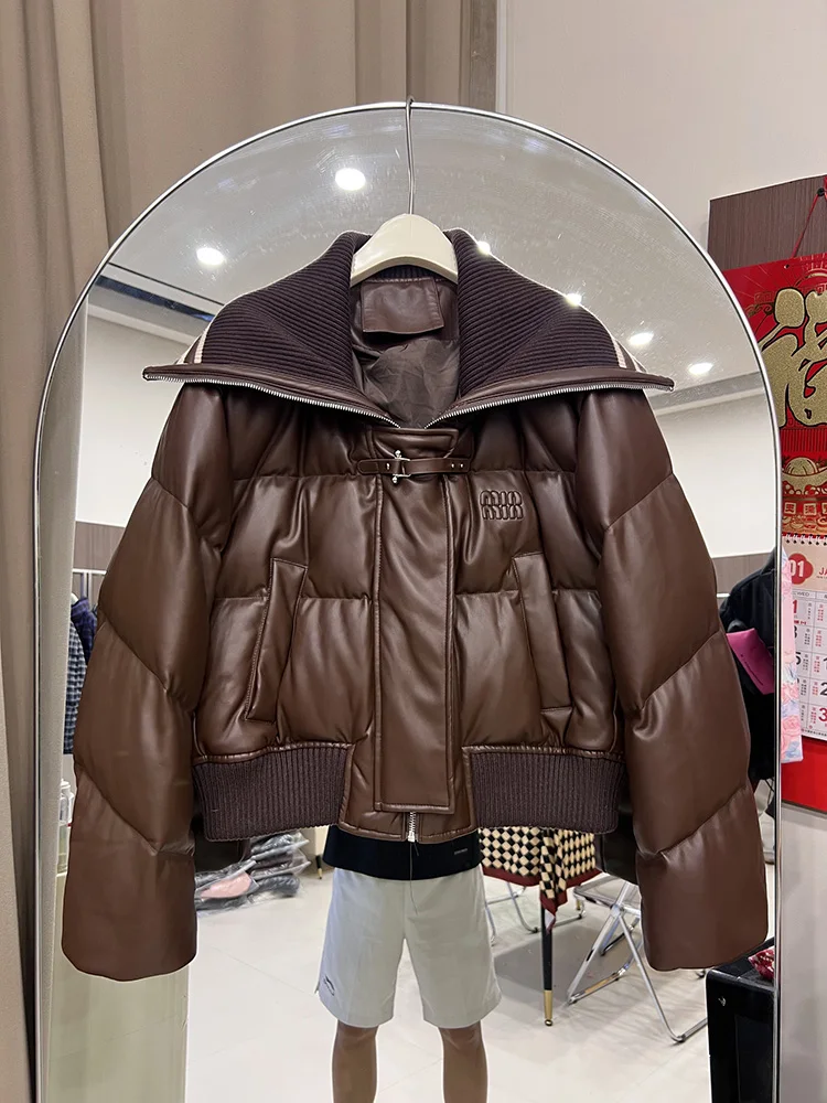 Short style down jacket women's winter new warm versatile knitted patchwork lapel PU leather 90 white duck down coat