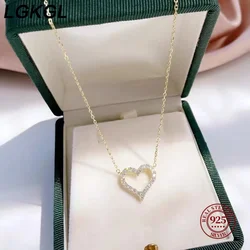 LGKGL 925 Sterling Silver Full Zircon Hollow Heart Pendant Necklaces for Women Party Cute Fine Jewelry Minimalist Accessories