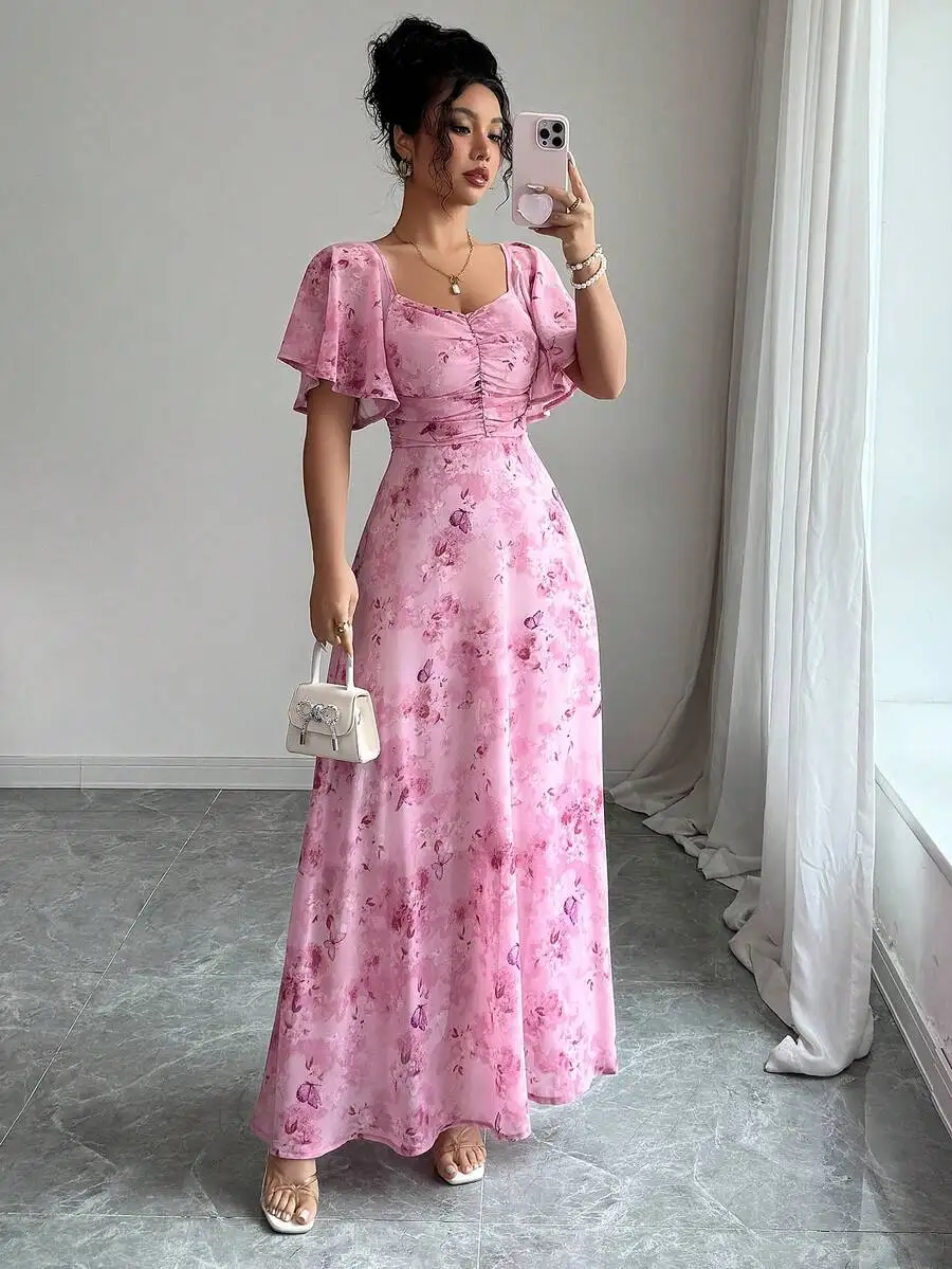 

Women's Pink Floral Chiffon Square Neck Ruched Maxi Dress with Flutter Sleeves