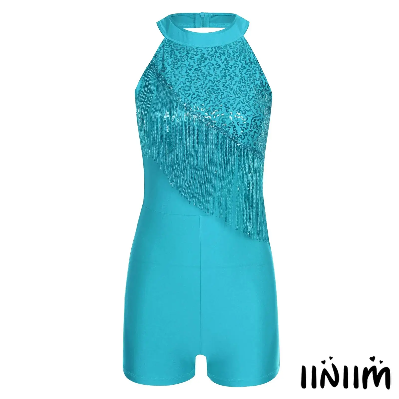 

Womens Sexy Sequins Dance Romper Sleeveless Tassels for Latin Cha-Cha Spanish Dance Stage Performance Boylegs Shorts Bodysuit