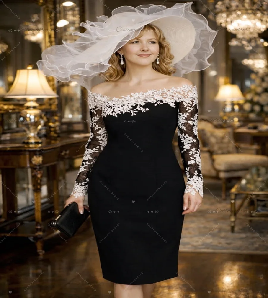 

Винтажное черное платье для матери невесты с белым кружевом в стиле 1950-х годов, длиной до колена, короткое, для гостей на свадьбу, с длинными рукавами, для мамы на вечеринку