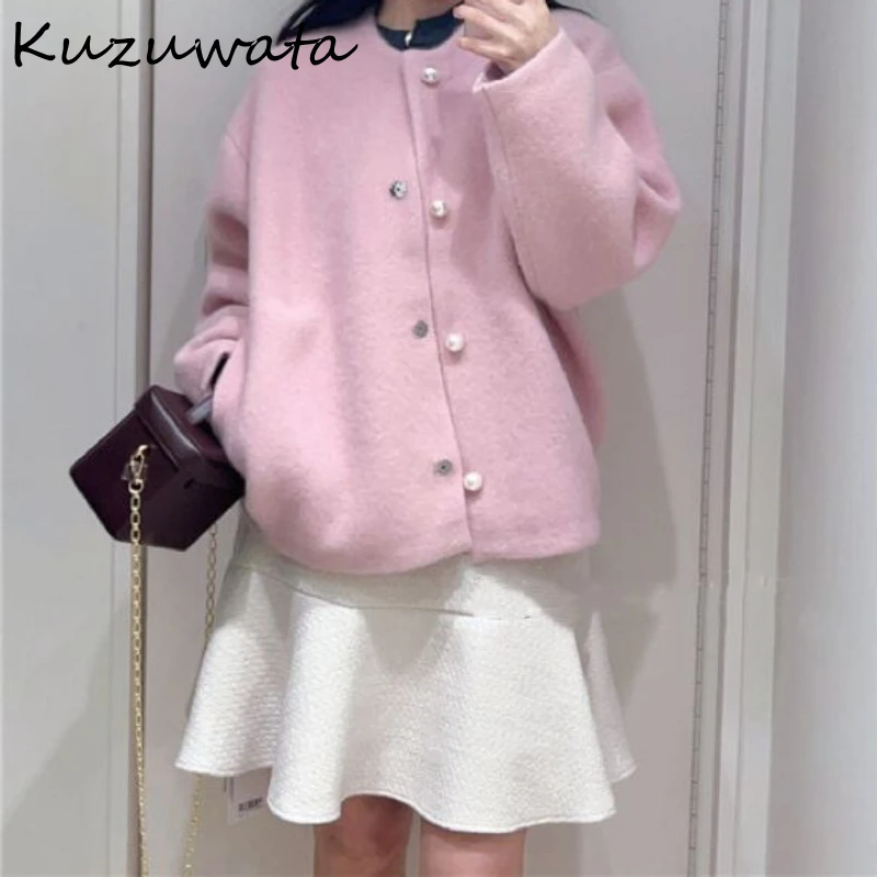 Kuzuwata Japanese O Neck Batwing Sleeve Coat Women Sweet Single Breasted Fresh Jackets Fashion Elegant Pearl Button Outwears