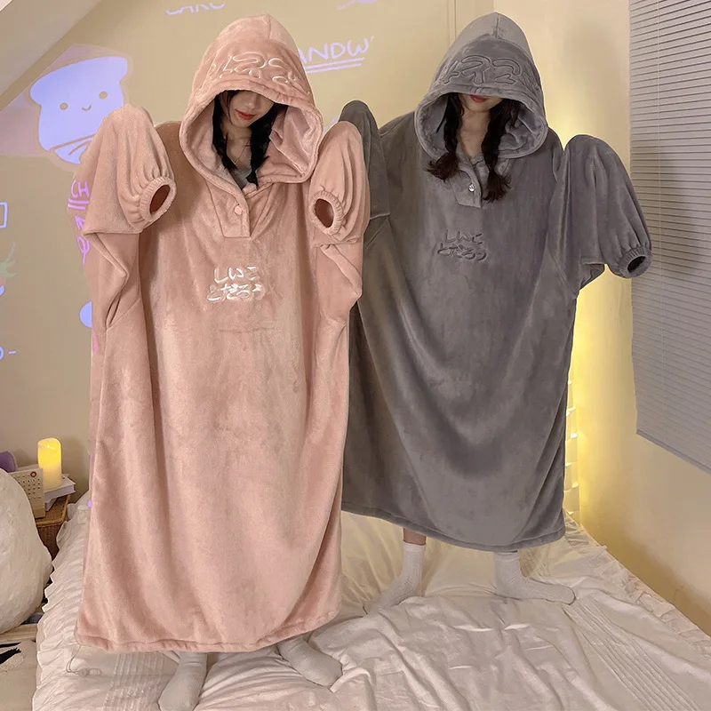 Coral Fleece Pajamas Female Winter One-piece Cartoon Cute Students Thickened Padded Hooded Homewear Autumn Winter Nightgowns