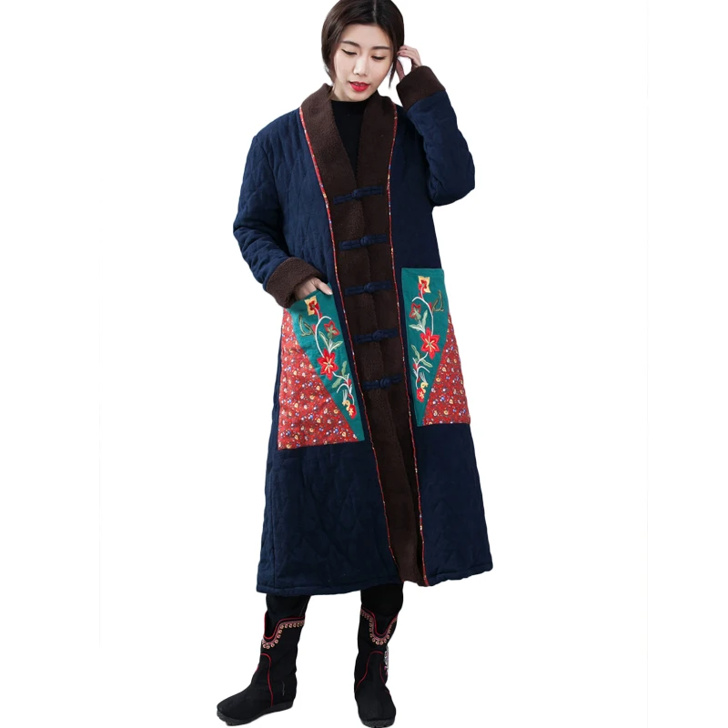 

LZJN Ethnic Winter Coat Women Parka Chinese Style Padded Jacket Patchwork Autumn Overcoat Kaban Winterjas Dames Jaqueta