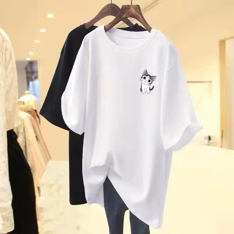 Summer Lovely Pussycat Printed Casual Versatile Tee Women's All Cotton Short Sleeve O-neck Pullover Lady Basics Tee Shirt