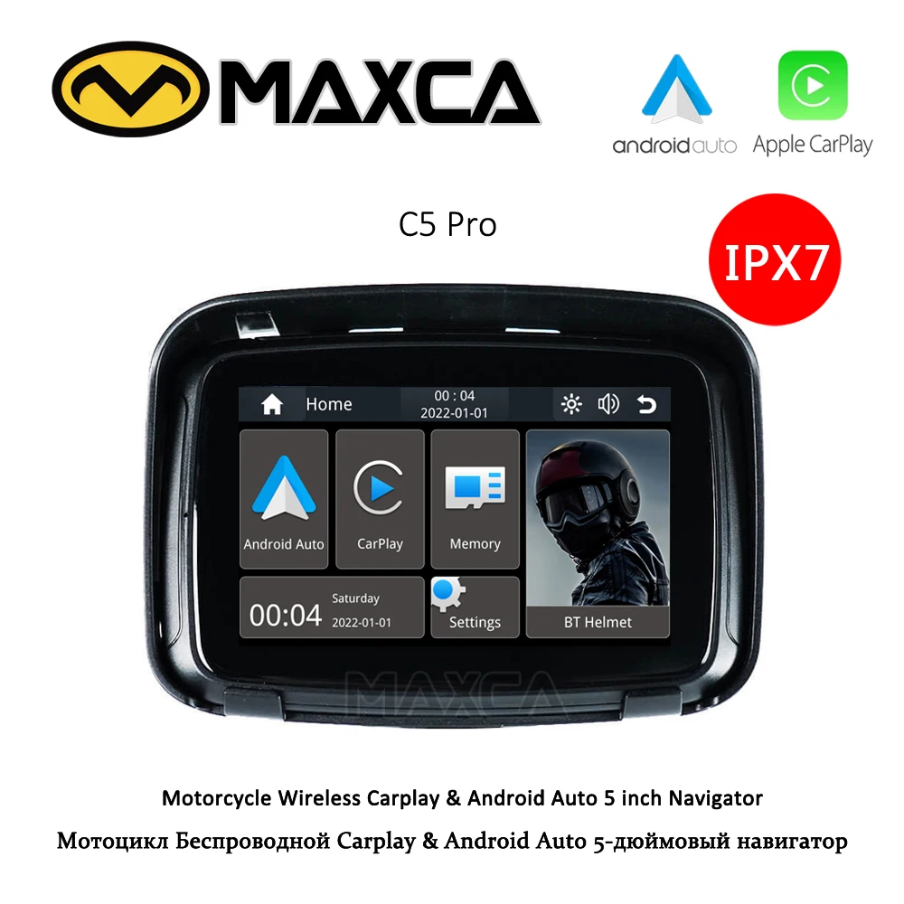 

Автомобильный экран для мотоцикла MAXCA C5 Pro Apple Carplay Android IPX7, водонепроницаемый беспроводной навигатор для мотоцикла, мультимедийный плеер