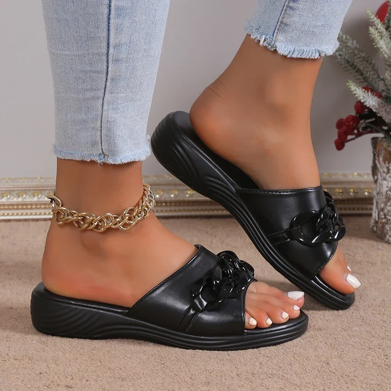 Slippers Chain Decor Summer Beach Muffin Wedges Women Sandals Platform Gladiator Female Shoes Footwear Mujer Graffiti Summer