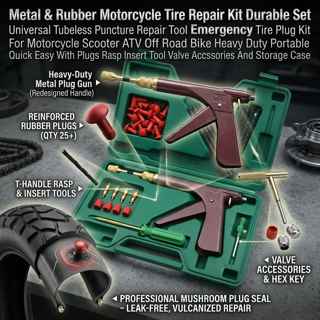 Kit di riparazione pneumatici per moto in metallo e gomma, set resistente e universale, strumento per la riparazione di forature su pneumatici tubeless, kit di emergenza per la riparazione di