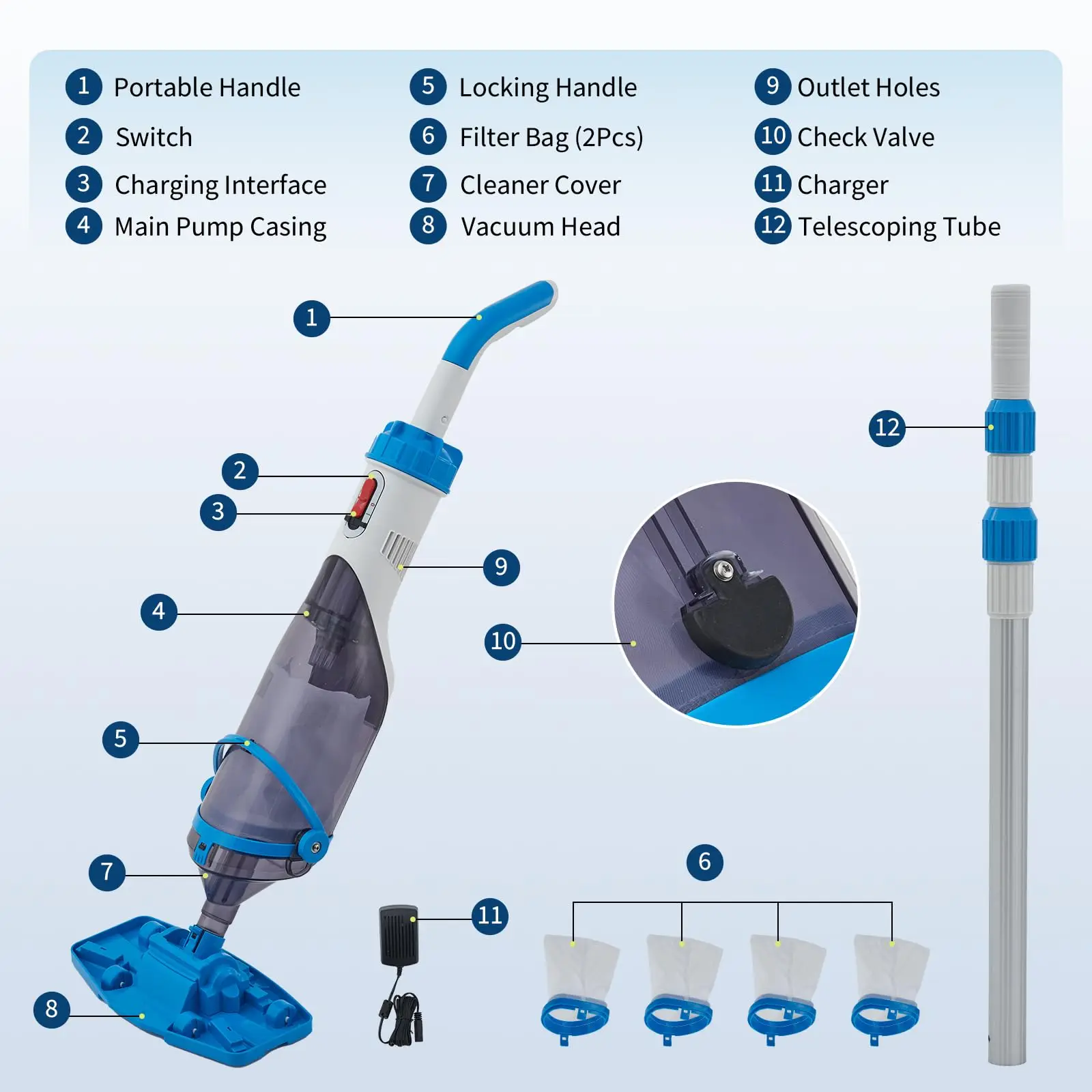 Handheld Pool Vacuum Cordless Electric Spa Cleaner With Telescopic Pole 1.5H Charge Water Pump For Hot Tubs Above Ground Pools image 6