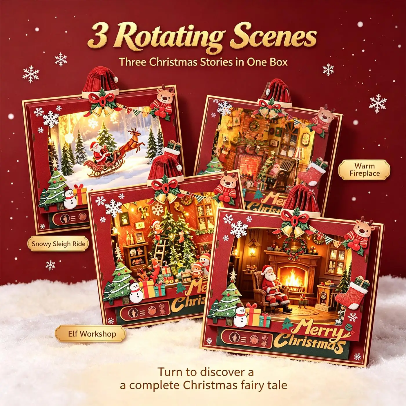 DIY Wooden Book House Merry Christmas Triple Sequence Cabin Model Handmade Rotating Belt Music Party Ornament Christmas Gifts