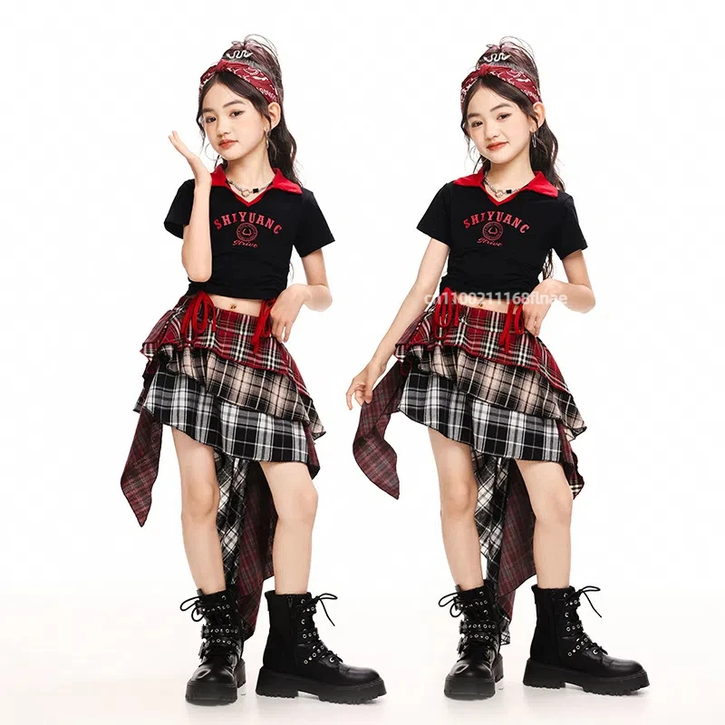 Traje de dança de rua infantil, top curto exposto para meninas, calças de saia xadrez, fantasia de performance de dança jazz