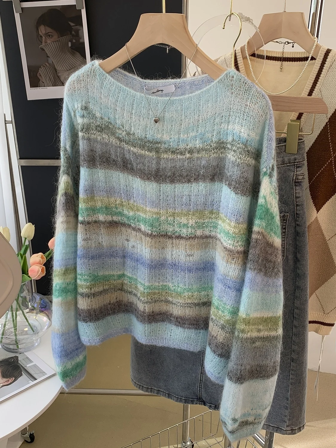 

Rainbow Mohair Striped Knit Sweater Women's Loose Soft Spring Autumn Top Warmth Emitting Long Sve round Ne Sweater